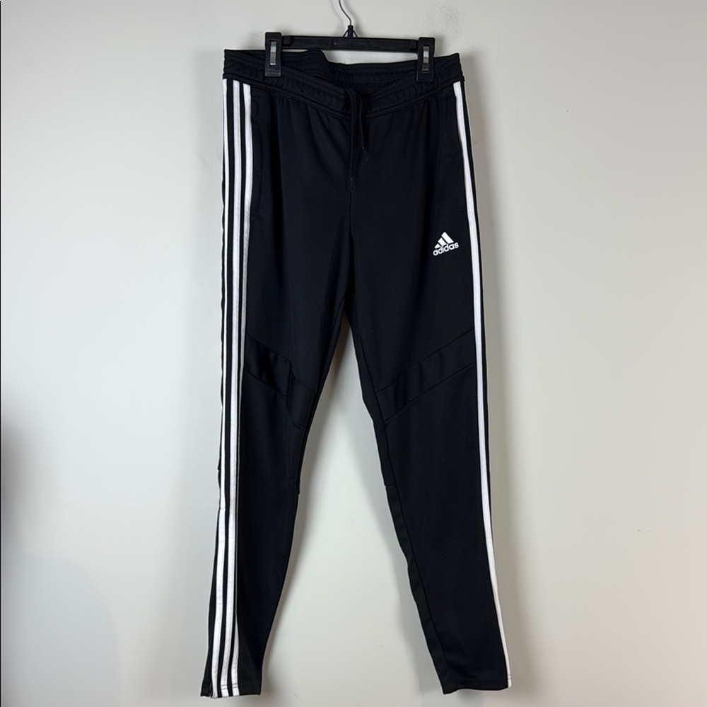 Adidas Women's Black and White Slim Fit Joggers with Iconic Stripes Size Medium